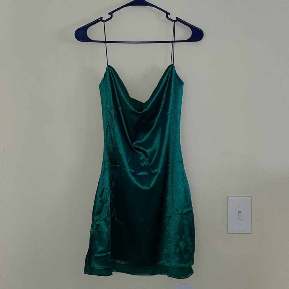 green cowl neck dress